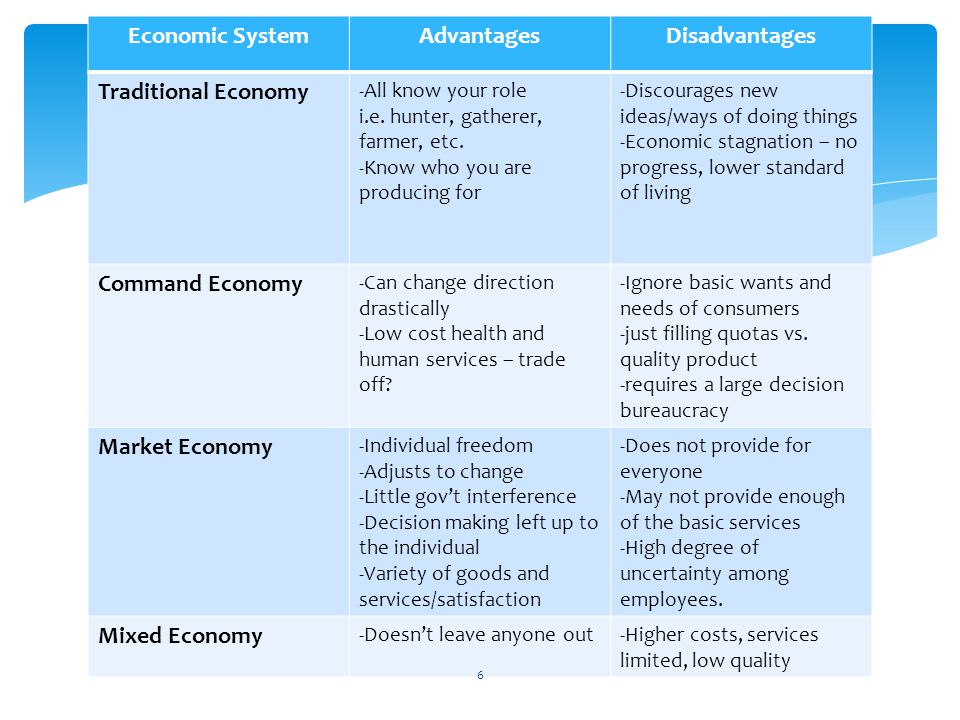 Advantages and disadvantages on the types of economic system